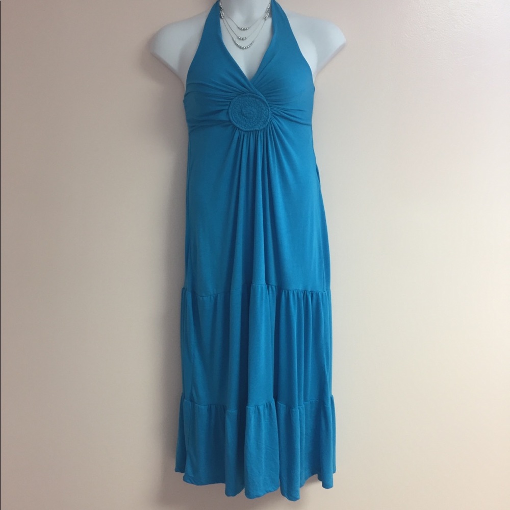 ⬇️ Turquoise long maxi dress halter top style EUC